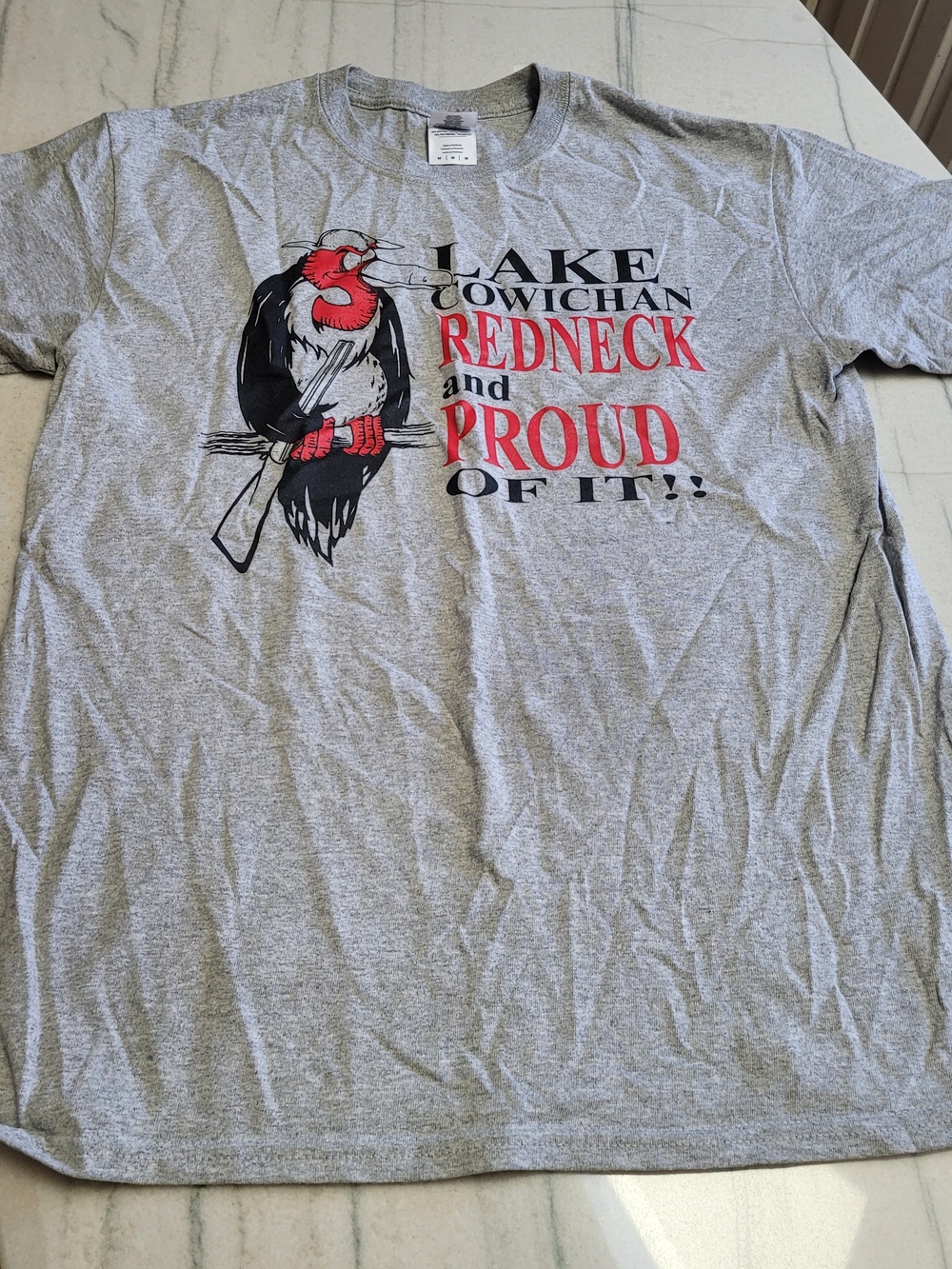Gildan Gray T-Shirt with Red and Black Lake Cowichan Redneck Graphic